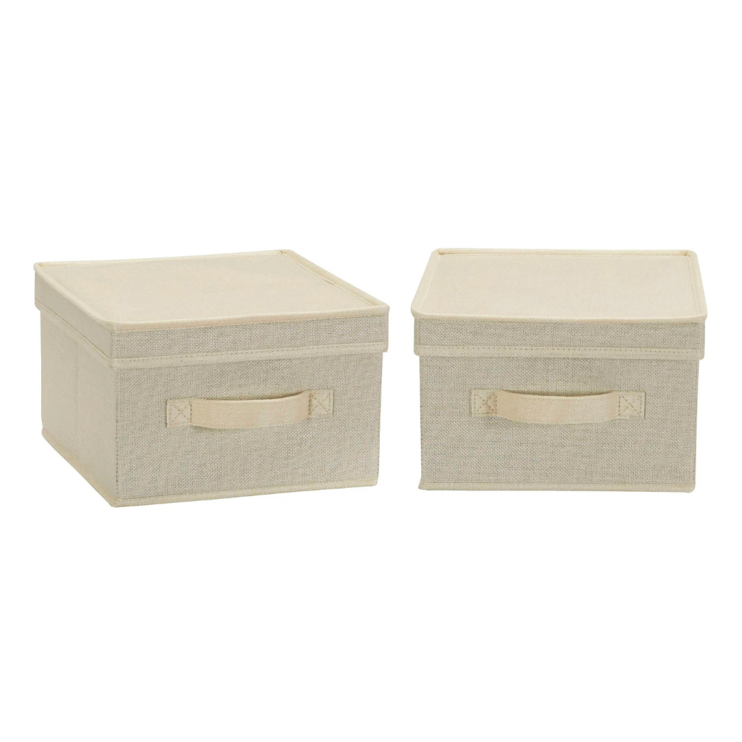 set of two beige fabric storage containers with lids