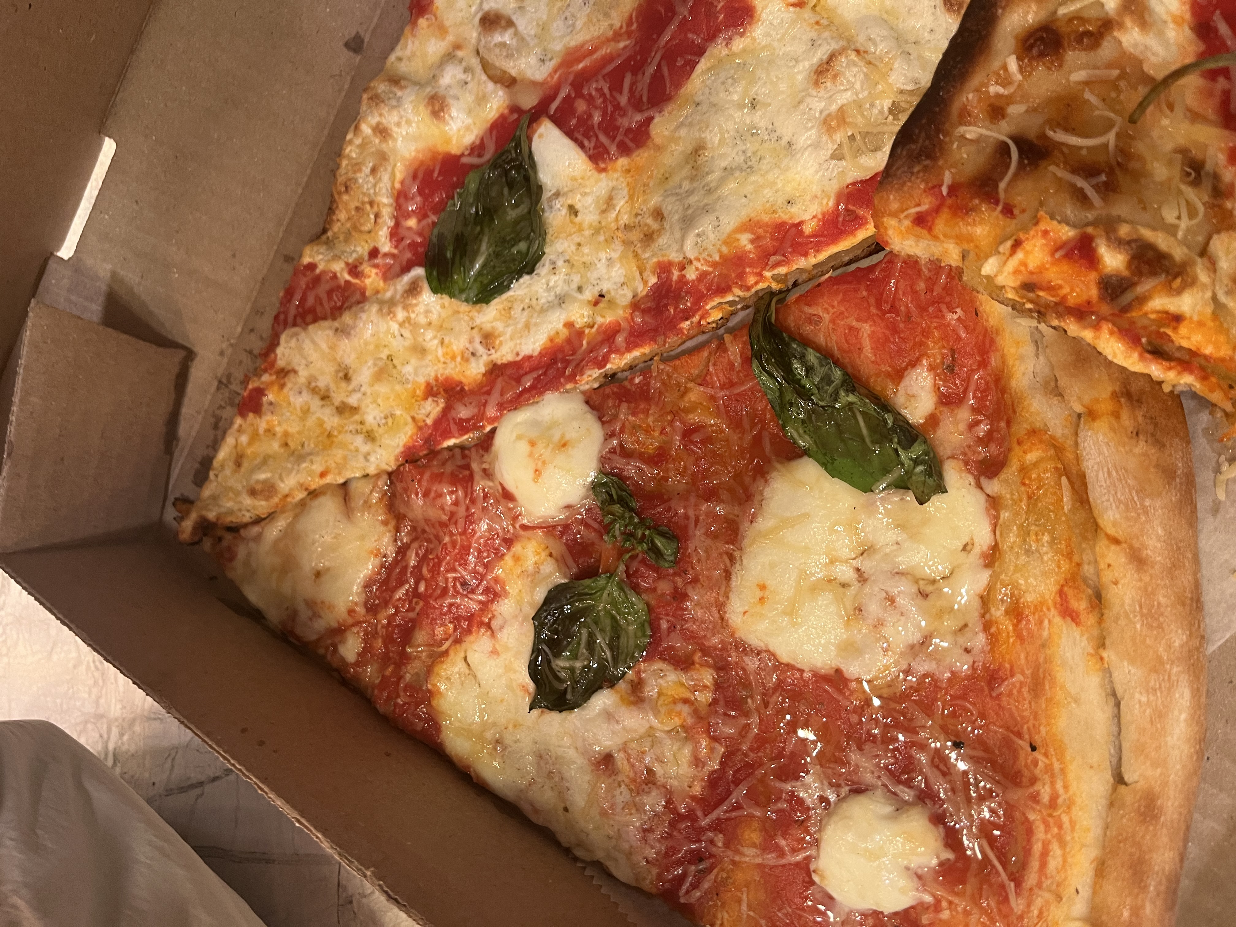 Two large slices of Margherita pizza