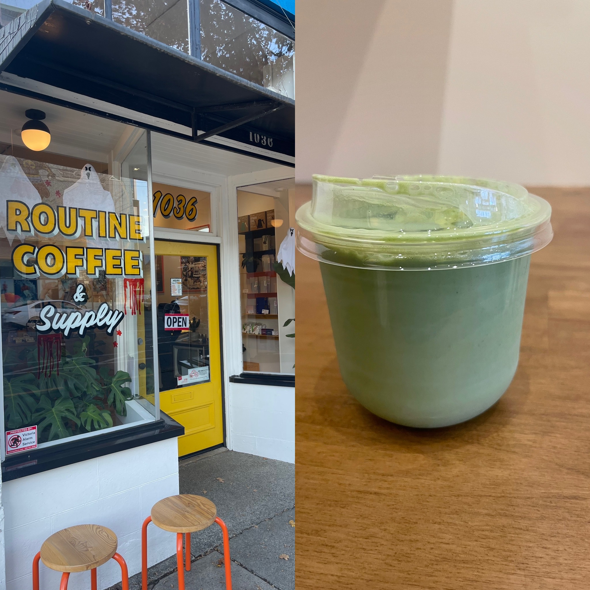 Matcha and storefront of Routine Coffee house