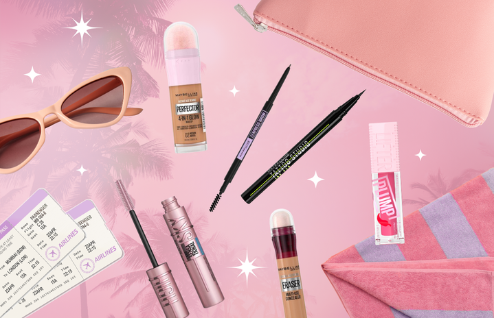 makeup products surrounded by pink accessories and palm trees