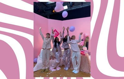 The Slumber Party crew with pink background