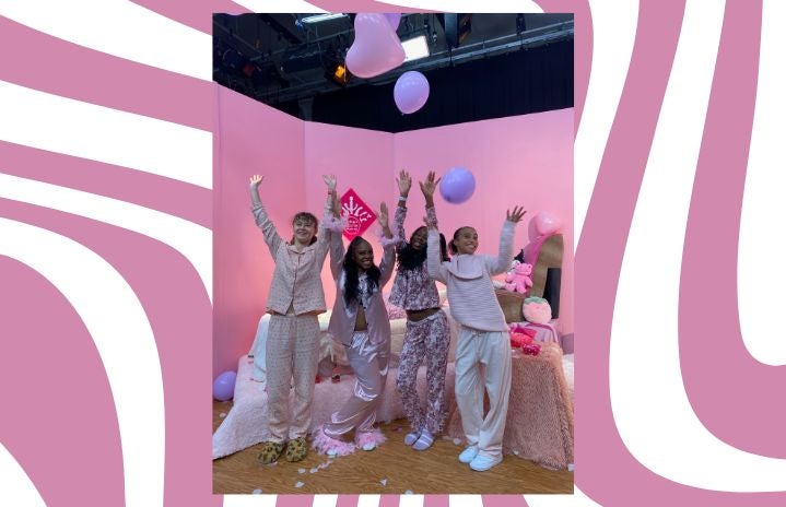 The Slumber Party crew with pink background